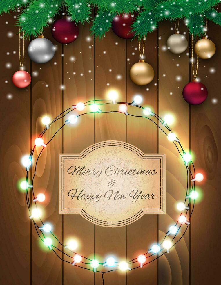 Christmas card with colorful glass balls, snowflakes, fur branches at wooden background with glowing lights and sign in grunge style, Vector illustration, template for greeting card.
