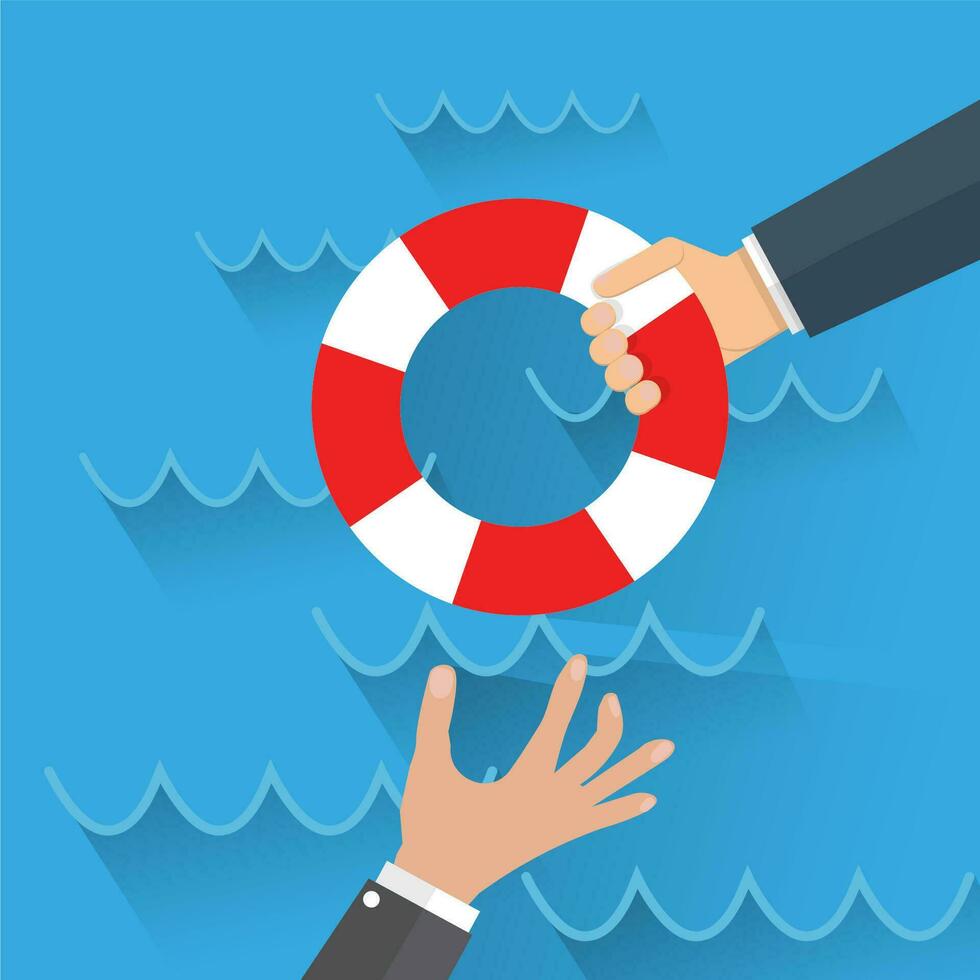 Cartoon Drowning businessman get lifebuoy from another businessman. Vector illustration in flat design on blue background, Helping Business to survive