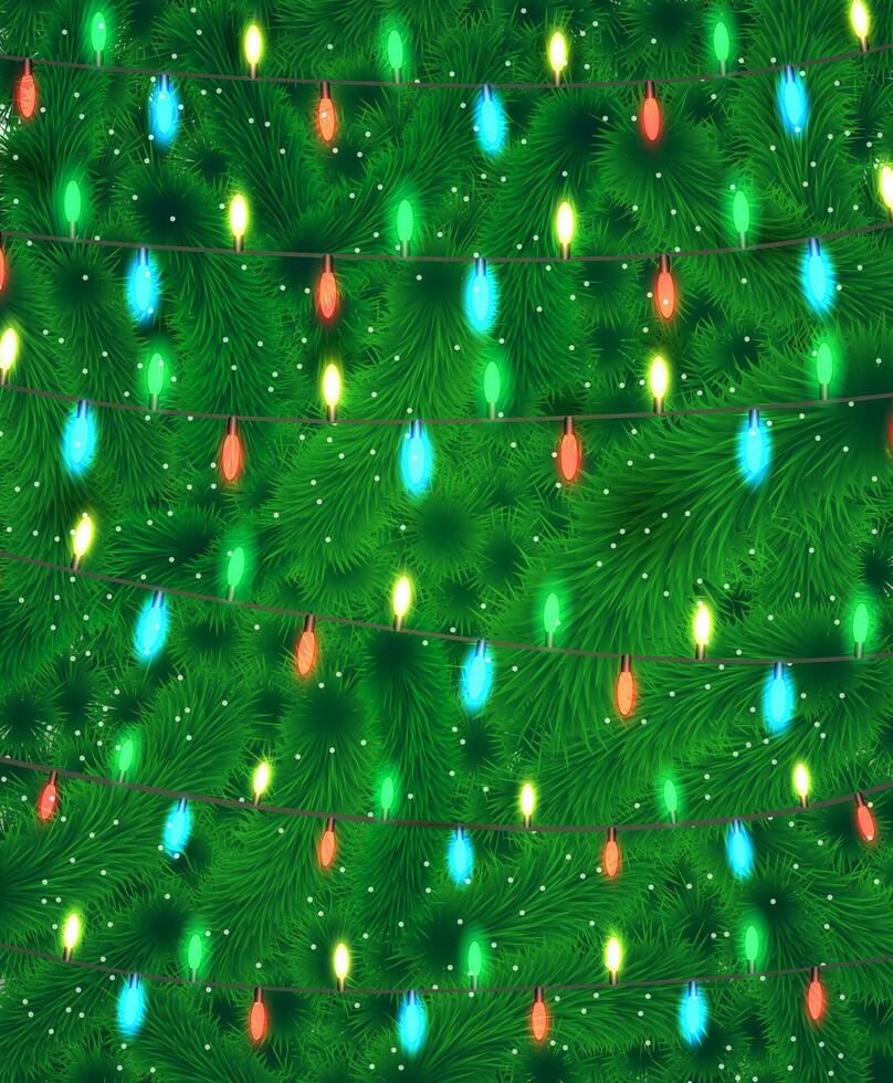 Christmas tree background with colorful garland lights and snowflakes. template for greeting or postal card, vector illustration