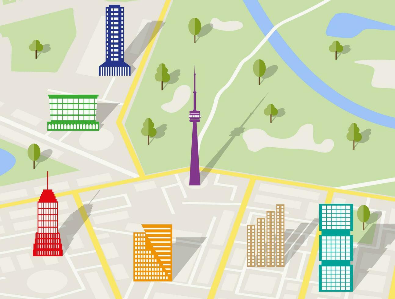resumen genérico ciudad mapa con carreteras, edificios con oscuridad, parques, río, arboles vector ilustración en plano diseño