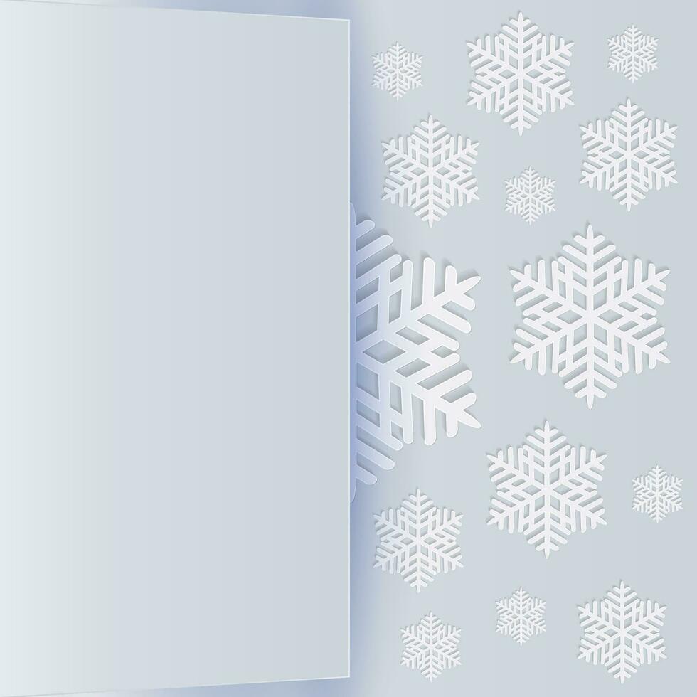 Winter holiday background with space for text, big snowflakes with shadow and tiny opened card page. vector illustration on white background, template for greetings christmas new year card