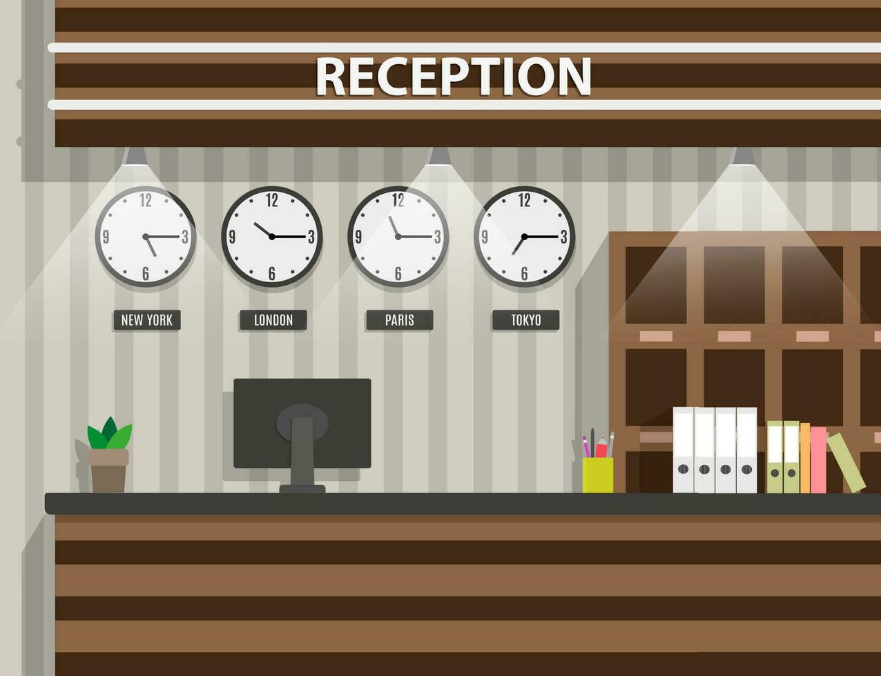 interior of wooden reception with computer, pen, safety boxes, clocks, document paper. hotel  hostel lobby, tourism concept, vector illustration in flat design