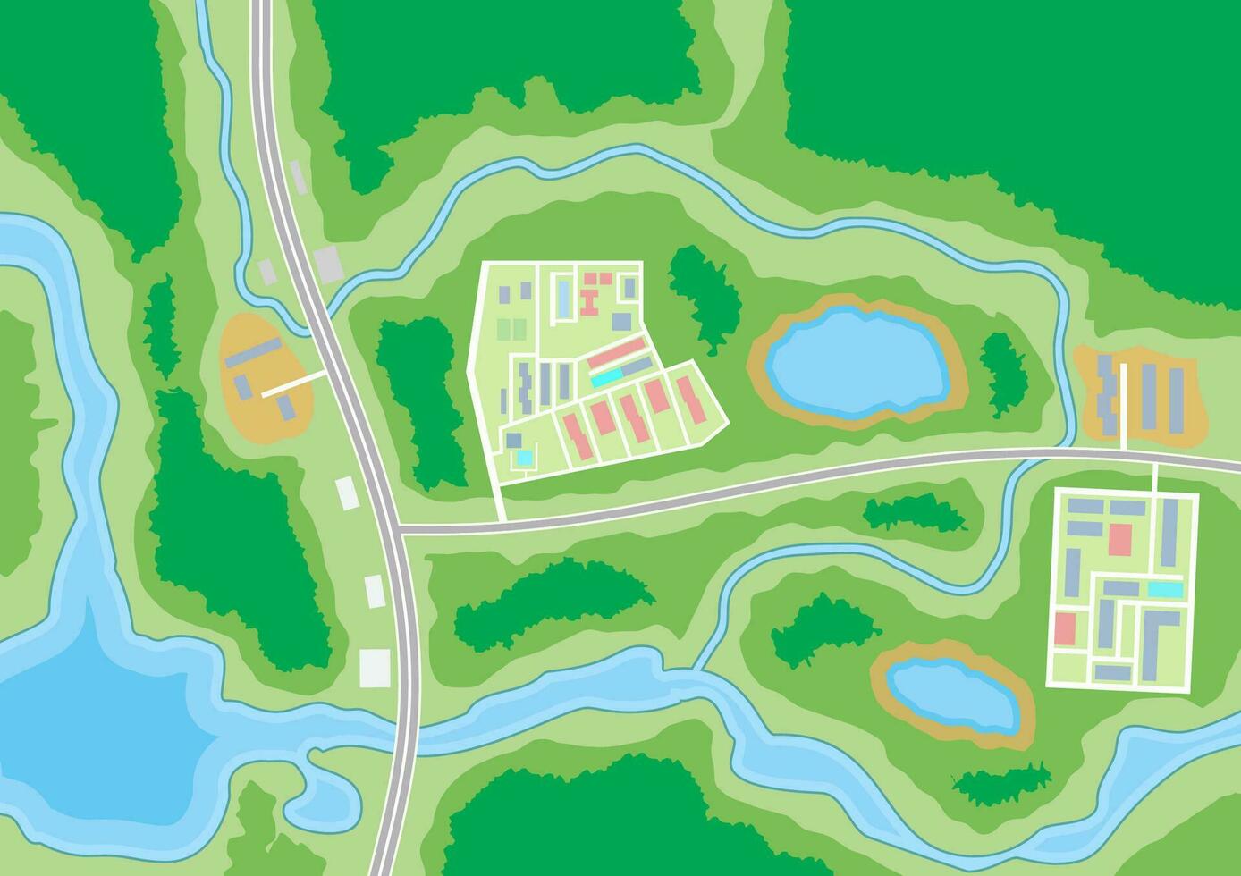 Abstract generic suburban city map with roads, buildings, parks, river, lake. GPS, navigation. Vector illustration in flat design