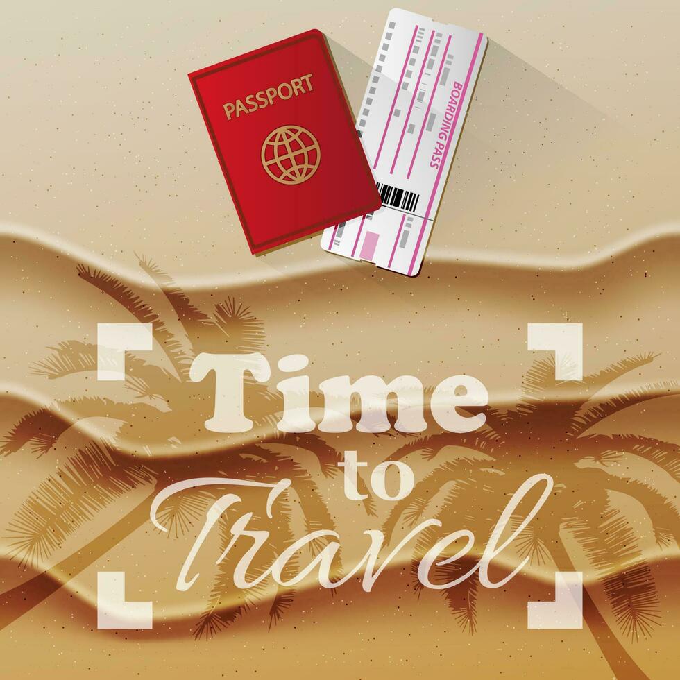 International assport and boarding passon sand beach as background with palm silhouette and text. Travel concept. Vector illustration