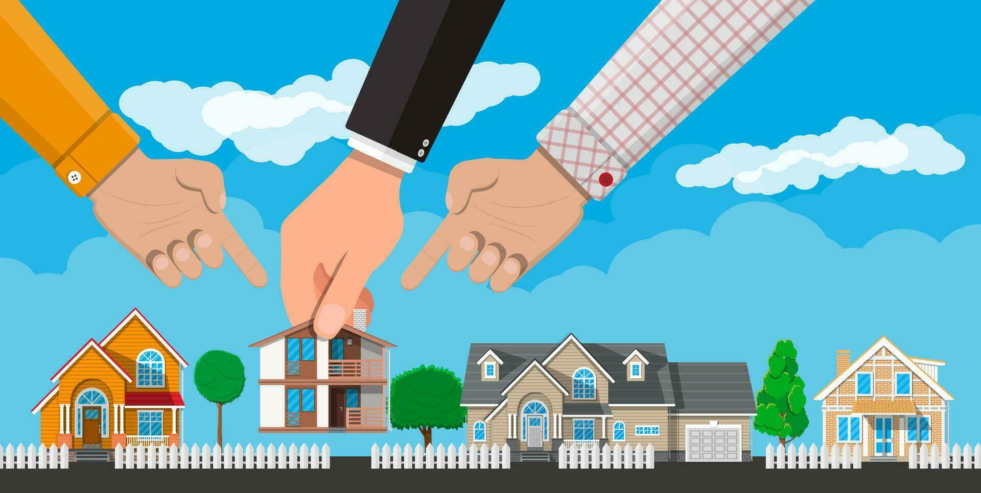 Hand picks a house. Suburban village, trees, road, sky and clouds. Real estate, sale and rent house, mansion. Vector illustration in flat style