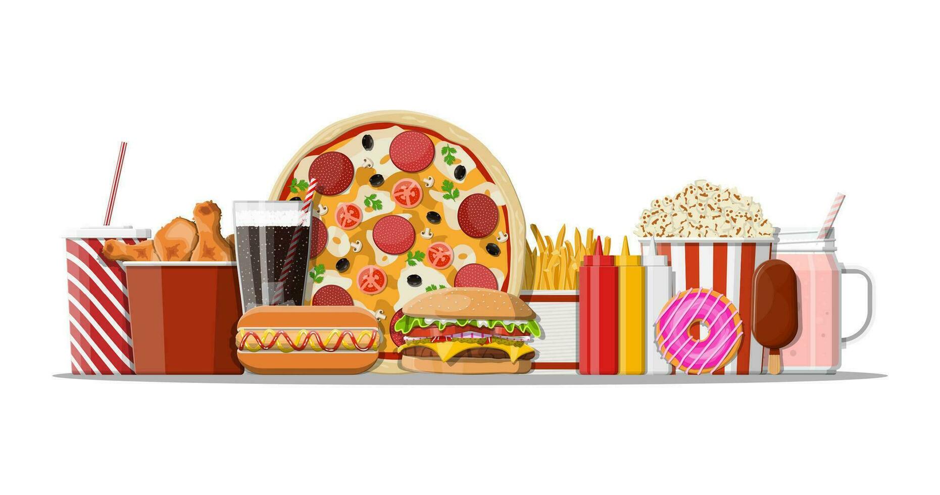 Fast food icons set. Burger, pizza, hotdog, fried chicken, fries, popcorn, donut, milk cocktail cola soda, ice cream, paper glass and bottles with sauces. Fastfood. Vector illustration in flat style