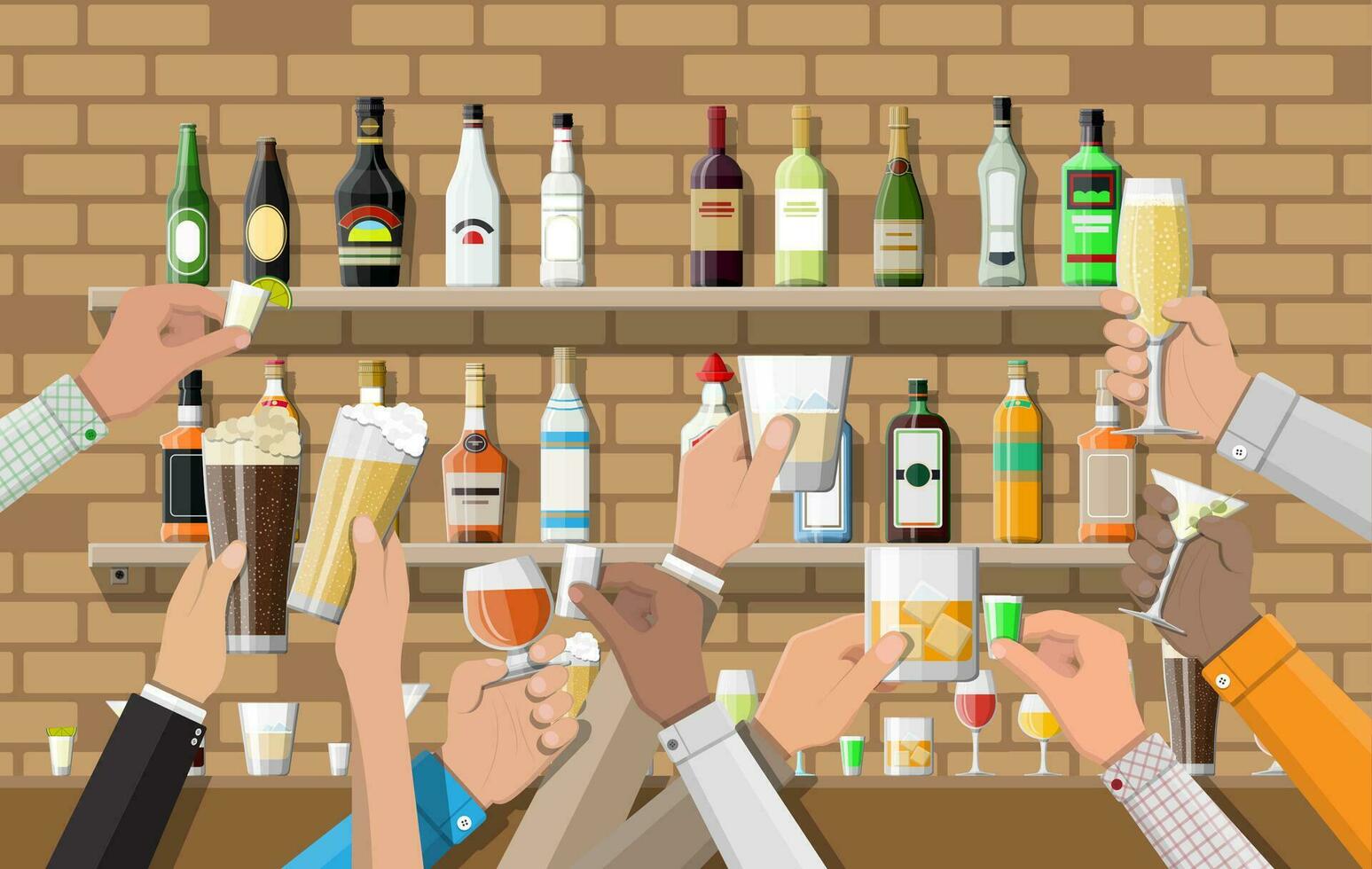 Hands group holding glasses with various drinks. Drinking establishment. Interior of pub cafe or bar. Bar counter, shelves with alcohol bottles. Celebration ceremony. Vector Illustration in flat style