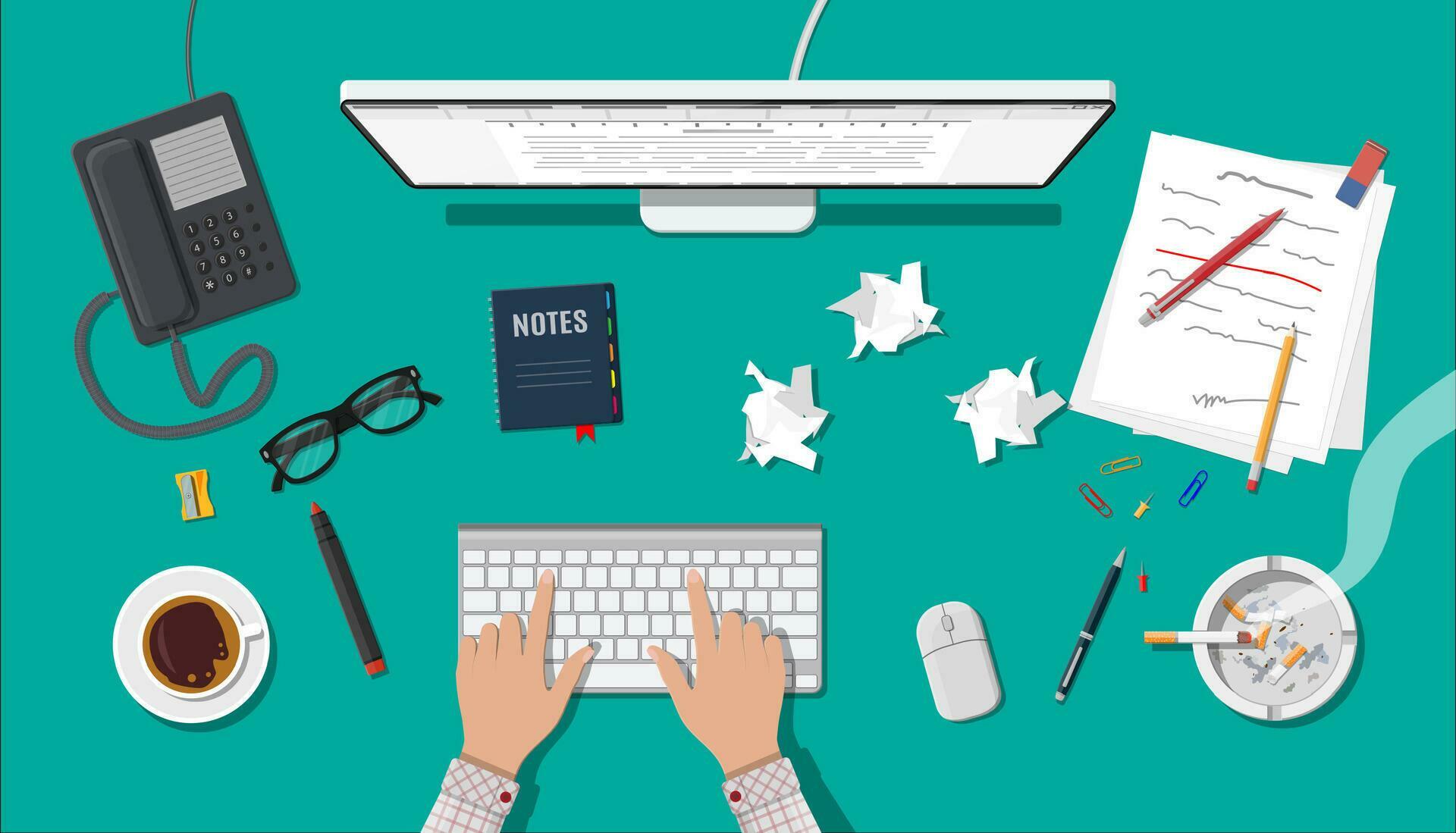 Writer or journalist workplace. Desktop pc, keyboard, mouse. Paper