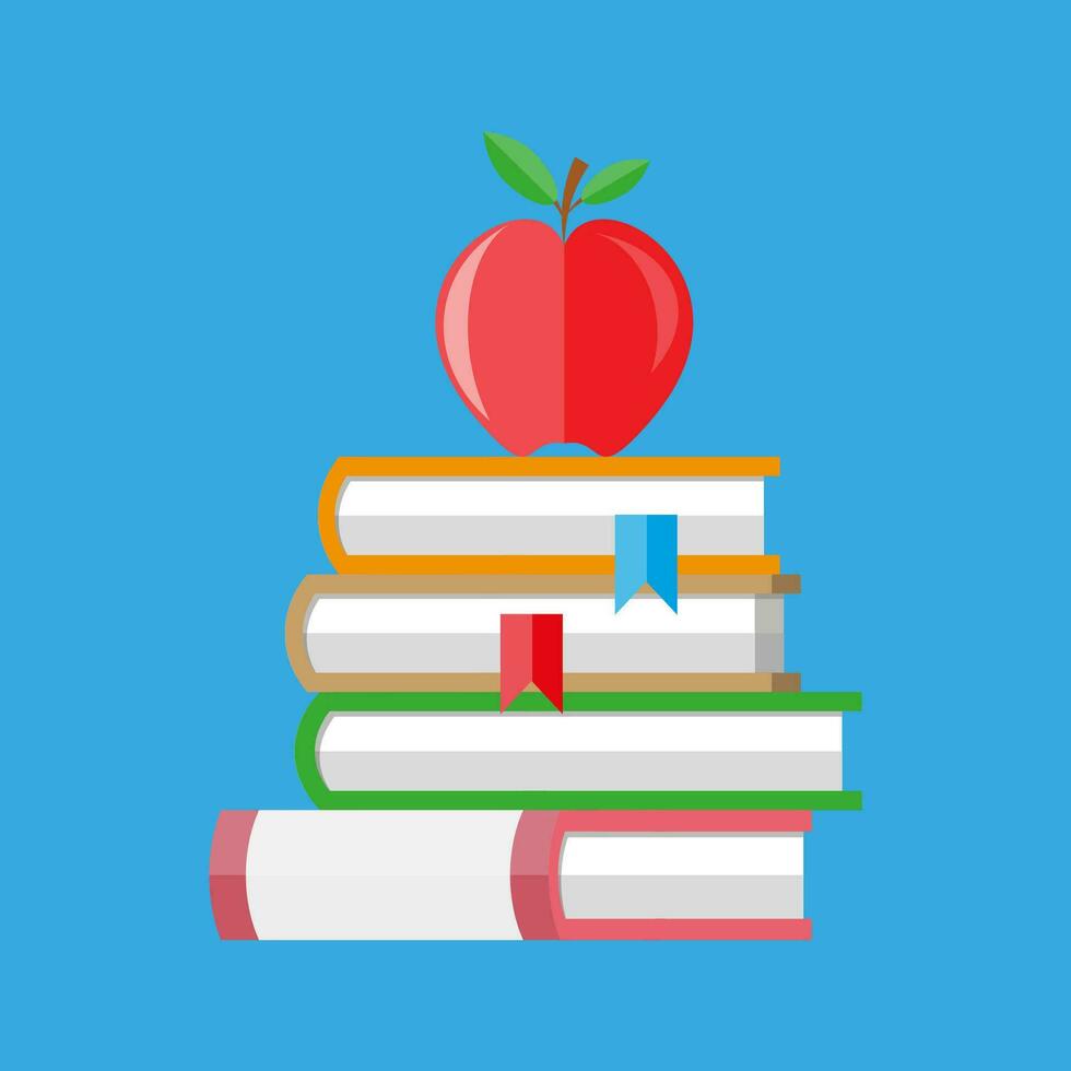 Red apple on a pile of books. education symbol. vector illustration in flat style on blue background