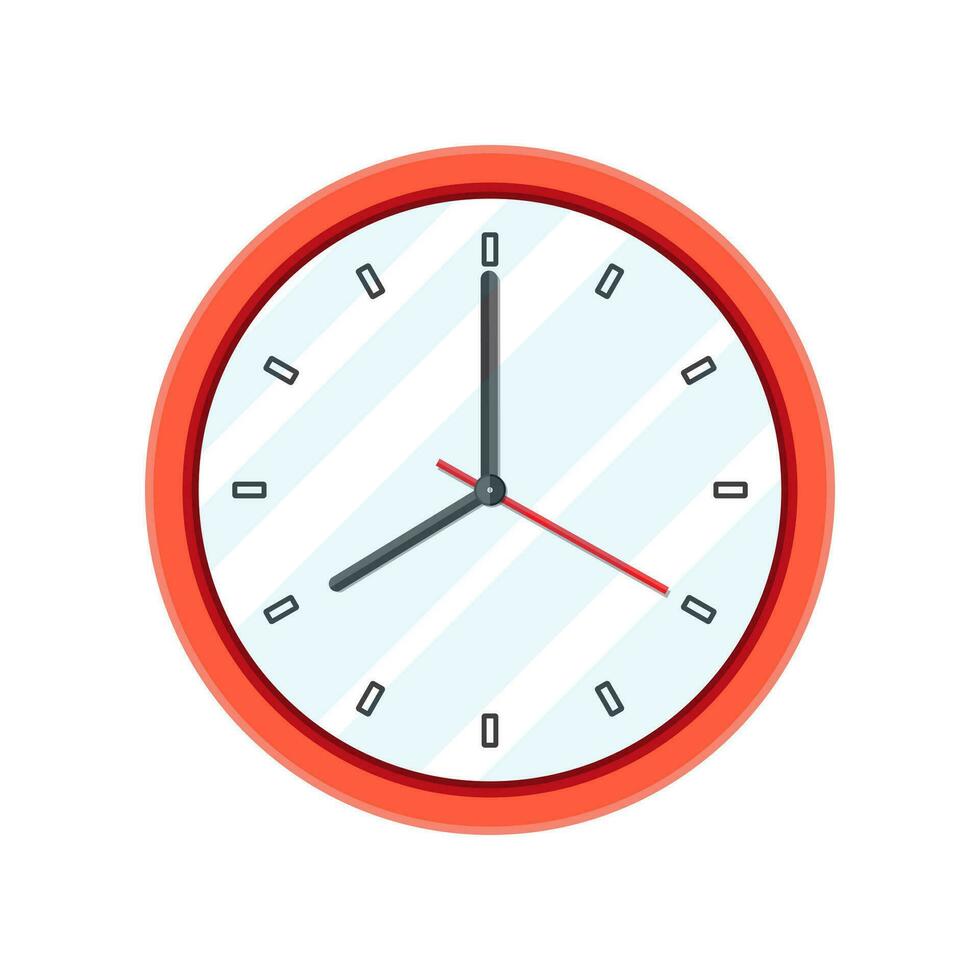 Simple classic red round wall clock. Clocks in flat style. Vector illustration