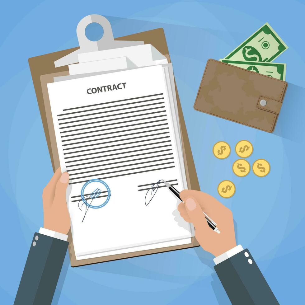 Businessman document signing up contract agreement, blue background with wallet with cash dollars and coins. vector illustration in flat design