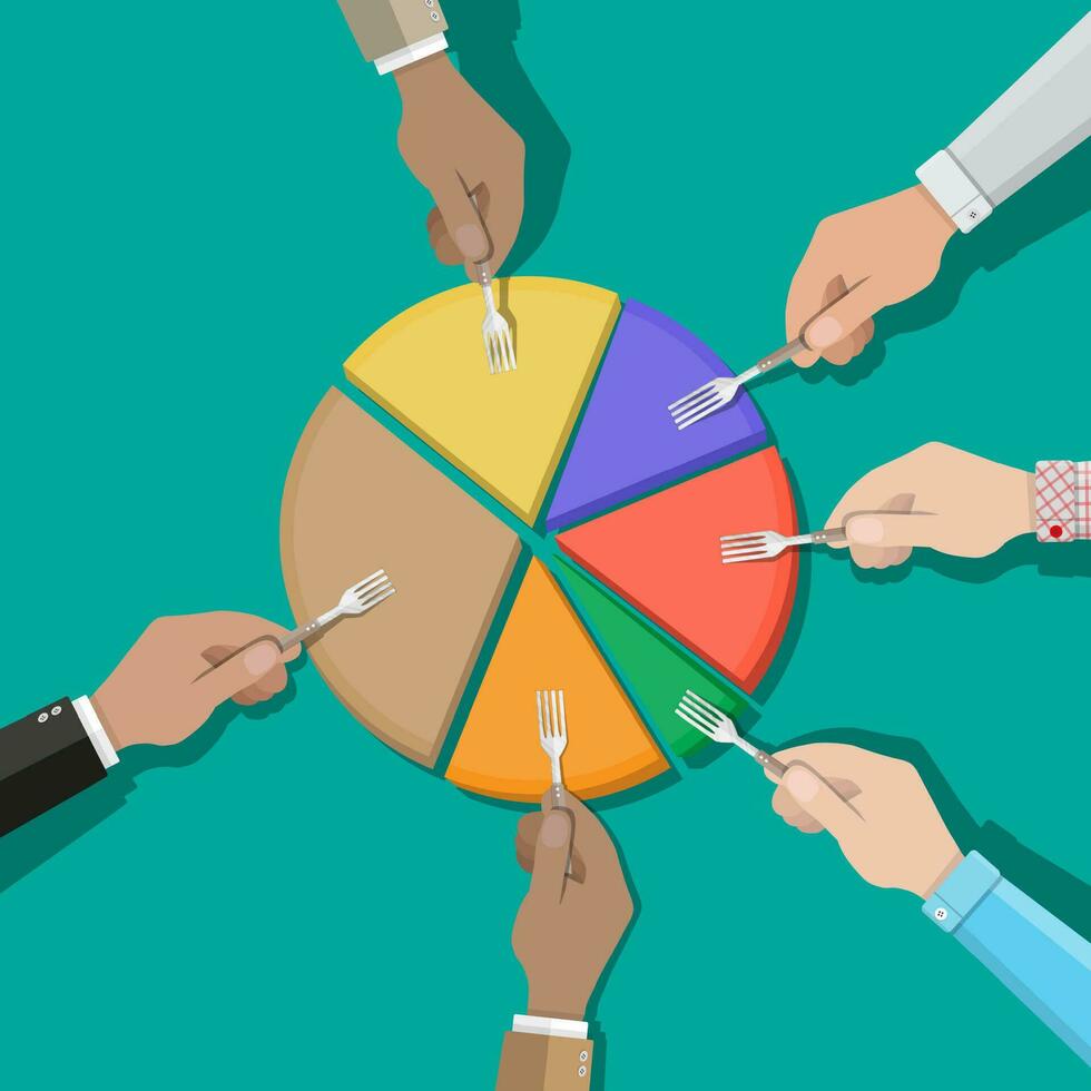 Businessmans hands with fork picking pie chart parts. Financials, market concepts. Vector illustration in flat style