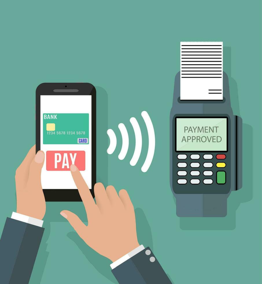 pos terminal confirma el pago por teléfono inteligente vector ilustración en plano diseño en verde antecedentes. nfc pagos concepto