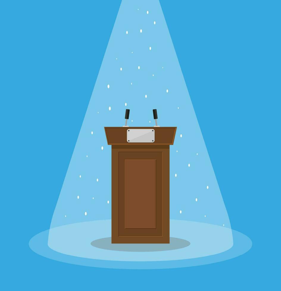 Brown wooden podium tribune rostrum with microphones and light projector. vector illustration in flat style