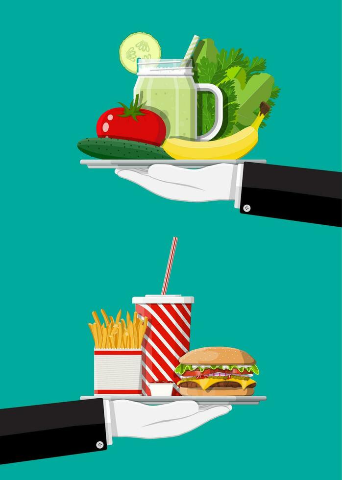 Tray with fast food and organic products. Diet, nutrition, fitness and weight loss or overweight and fat. Greasy cholesterol vs. vitamins from fruits vegetables. Food choice. Flat vector illustration