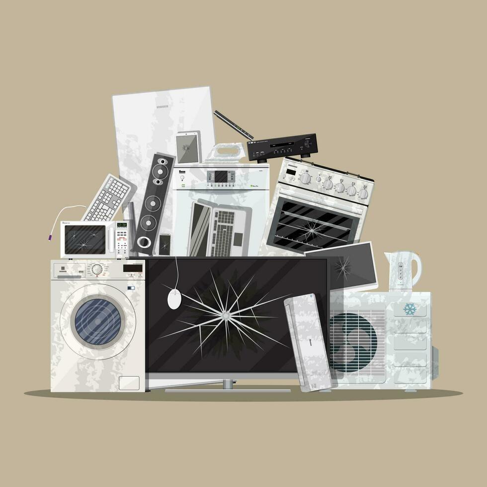 e-waste electrical and electronic equipment pile. Computer and home electronic waste stack. trash, recycling, ecology. vector illustration in flat style