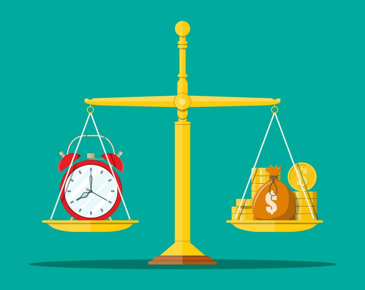 Clock and golden coins on scales. Annual revenue, financial investment, savings, bank deposit, future income, money benefit. Time is money concept. Vector illustration in flat style