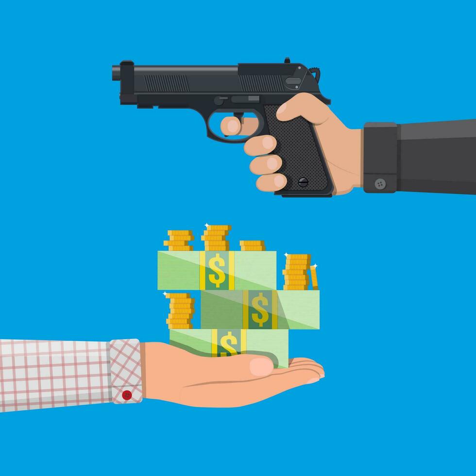 Hand of thief holding pistol and hand with money. Robbery concept. Vector illustration in flat style