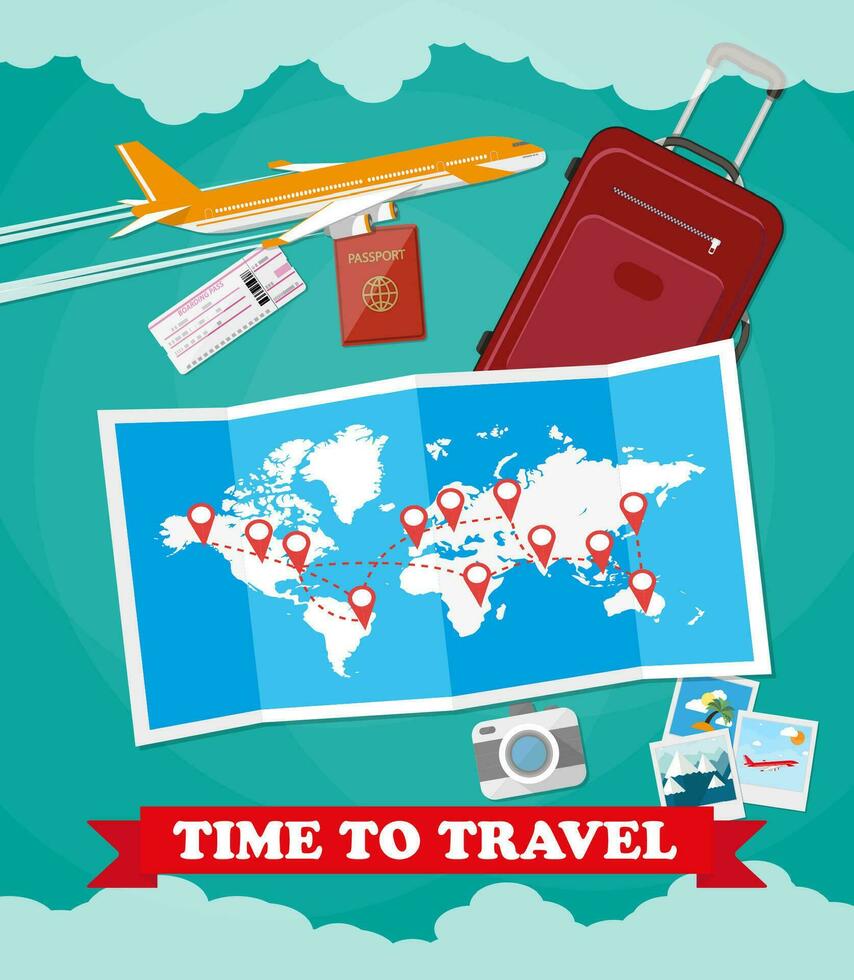 Red suitcase travel bag, passport, airplane ticket, photo camera, folded map with destinations, plane. vector illustration in flat design on green background