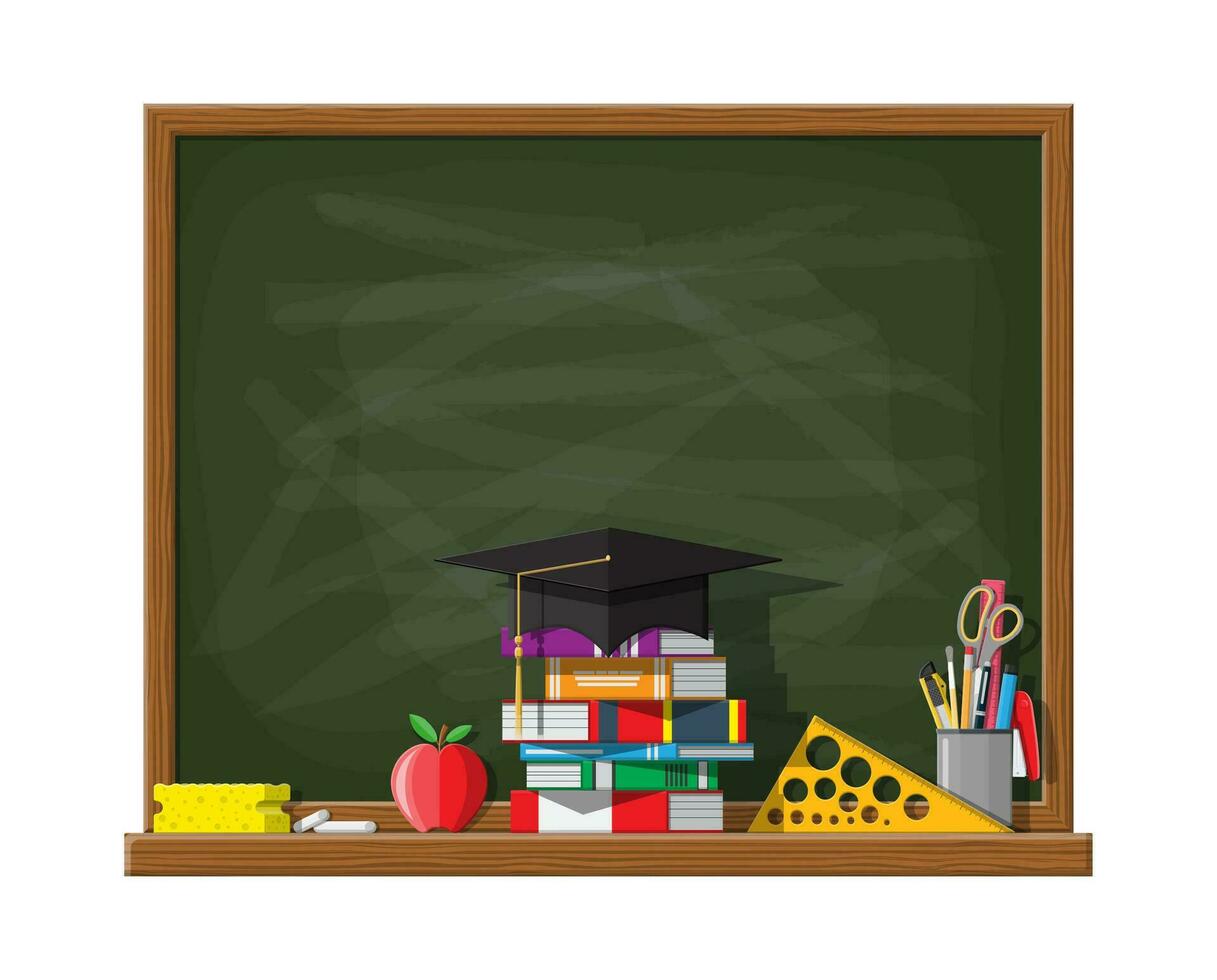 School or university blackboard. Board template with education hat, books, ruler, apple pencil pen sponge chalk. Academic and school knowledge, education and graduation. Vector illustration flat style