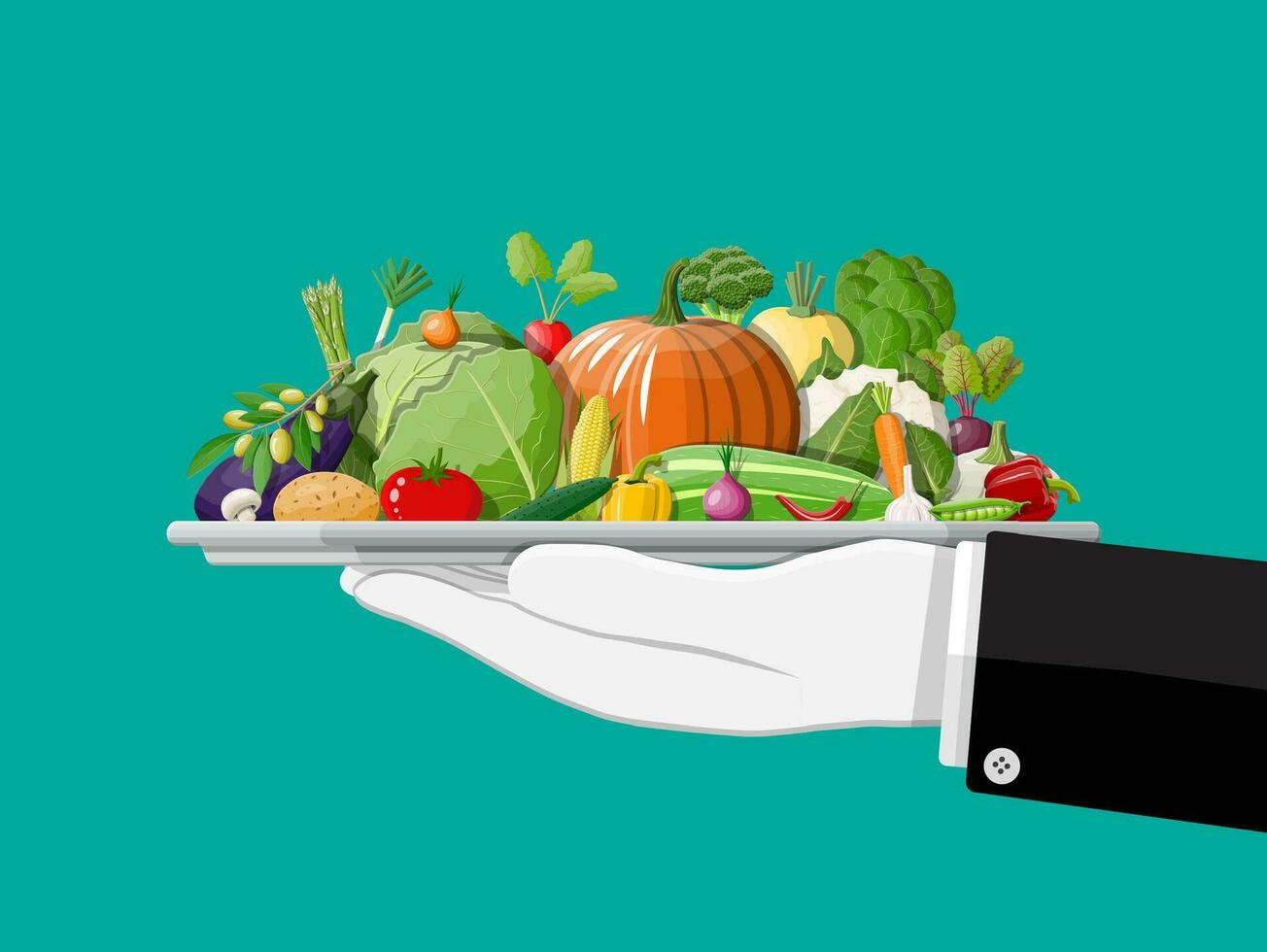Tray full of vegetables in hand. Onion, eggplant, cabbage, pepper, pumpkin, cucumber, tomato carrot and other vegetables. Organic healthy food. Vegetarian nutrition. Vector illustration in flat style