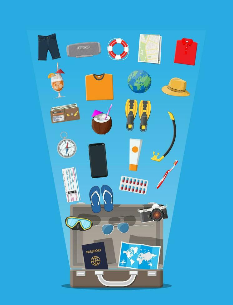 Big travel set. Summer holiday, tourism and vacation items. Bag photo camera compass, wallet, map, scuba mask, flip flops, hat shirt, shorts, passport ticket wallet Vector flat style