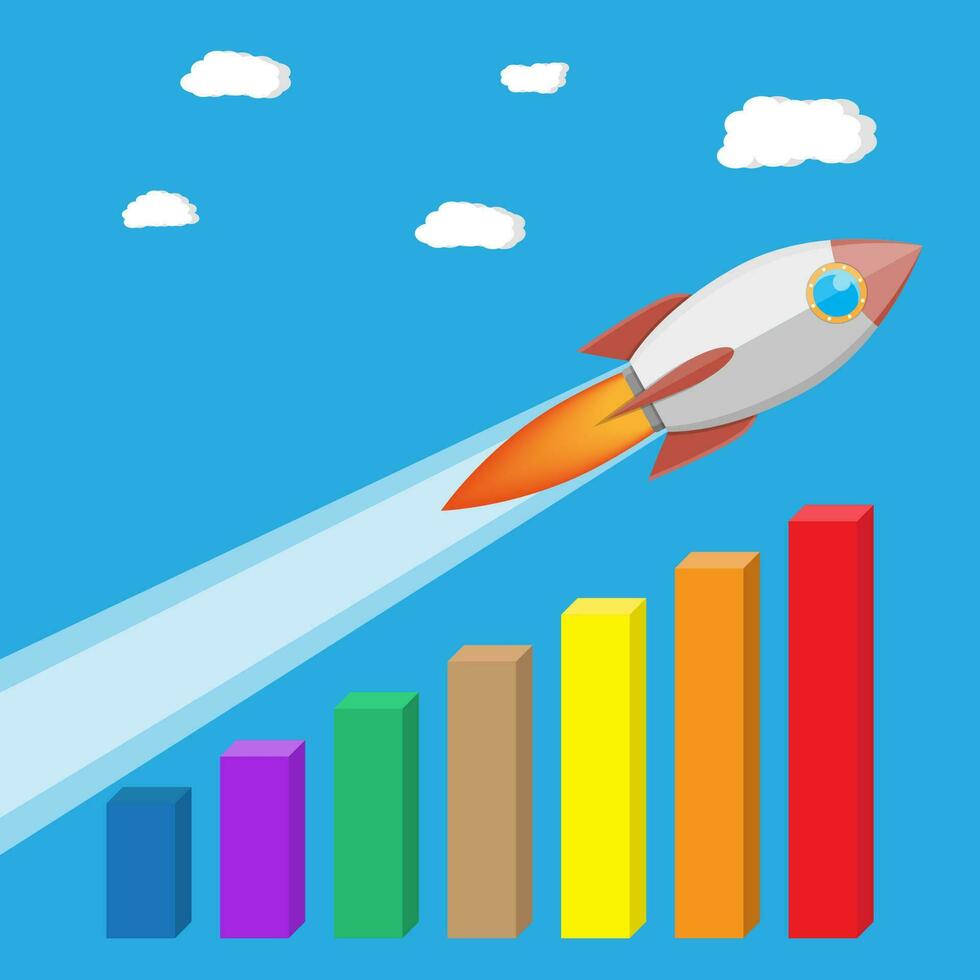 Rocket flying up on growth chart. Graph that shows increase in sales. Business success. Vector illustration in flat style