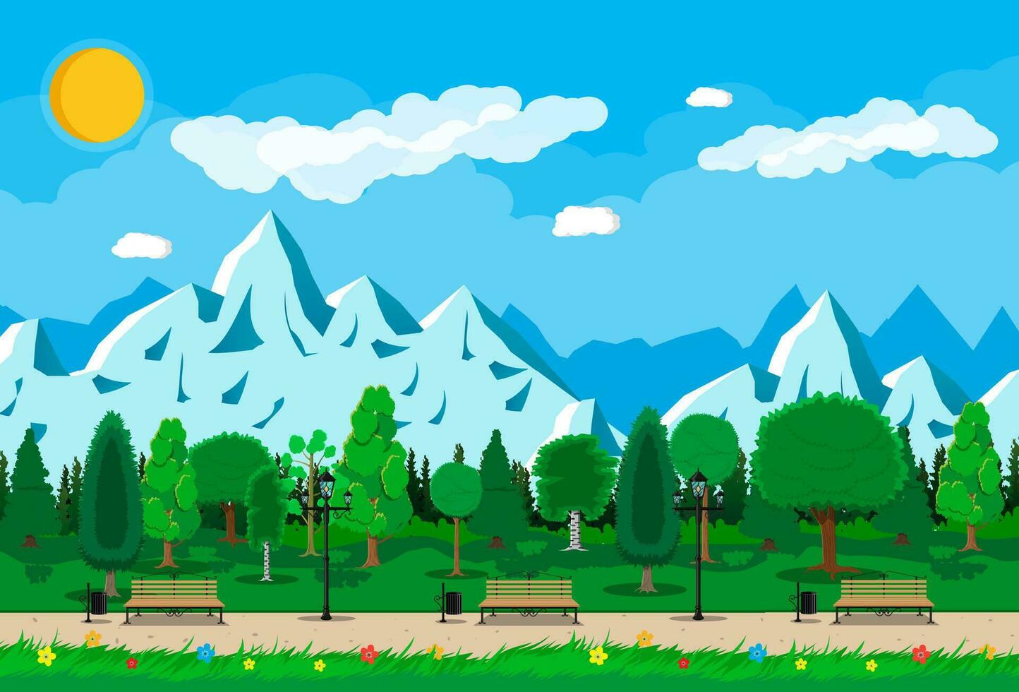 Mountain park concept, wooden bench, street lamp, waste bin in square. Rocky mountains and trees. Sky with clouds and sun. Leisure time in summer park. Vector illustration in flat style