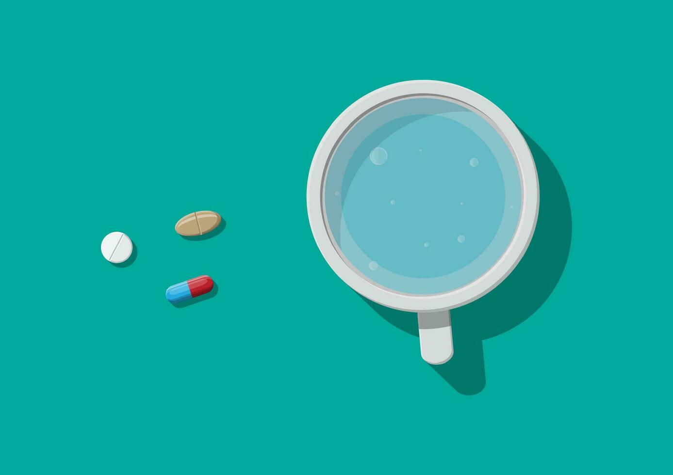 Glass of water and pills. Taking medication concept. Medical drug, vitamin, antibiotic. Healthcare and pharmacy. Vector illustration in flat style