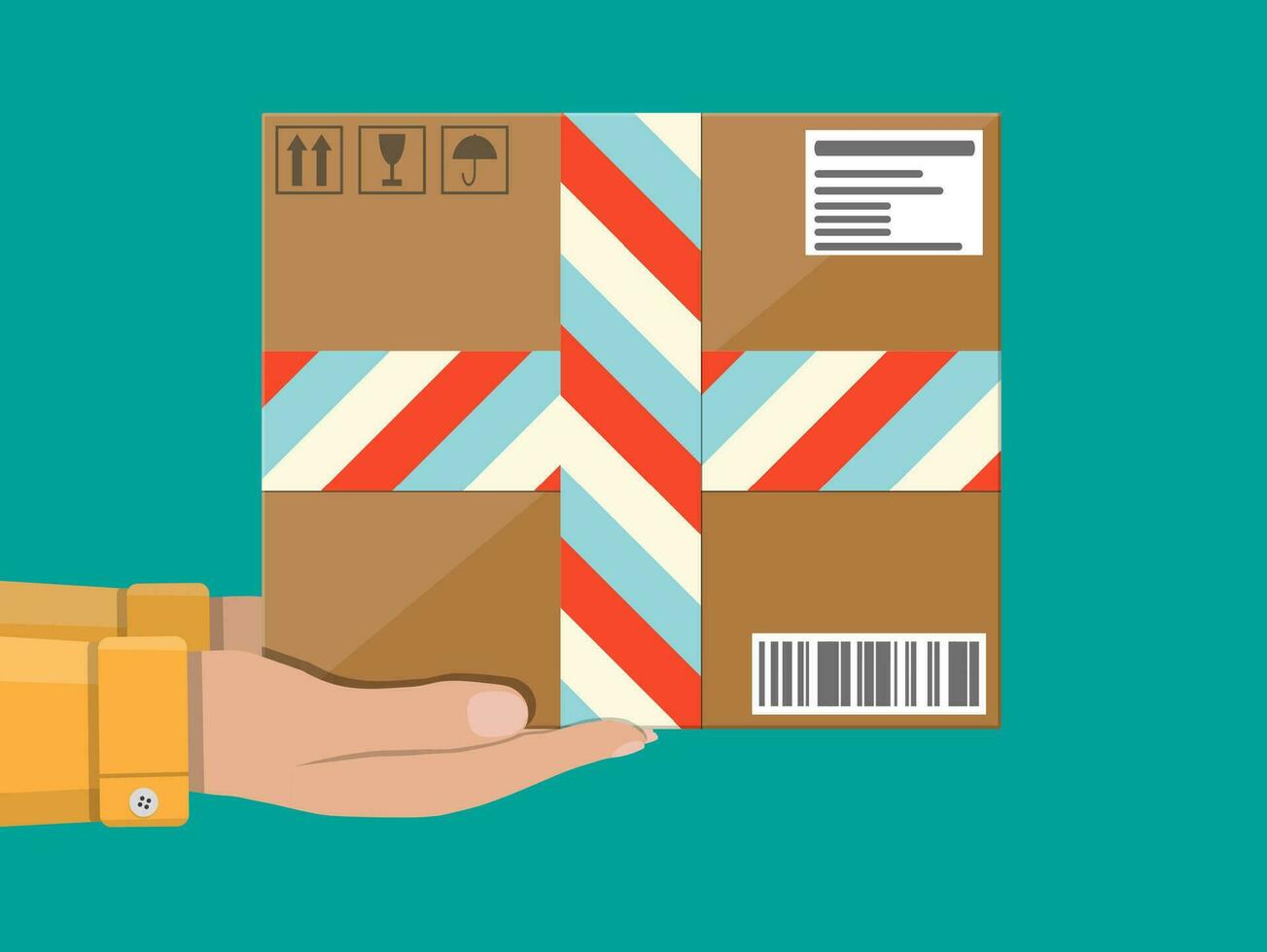 Hands with postal cardboard box. delivery concept. Flat style vector illustration