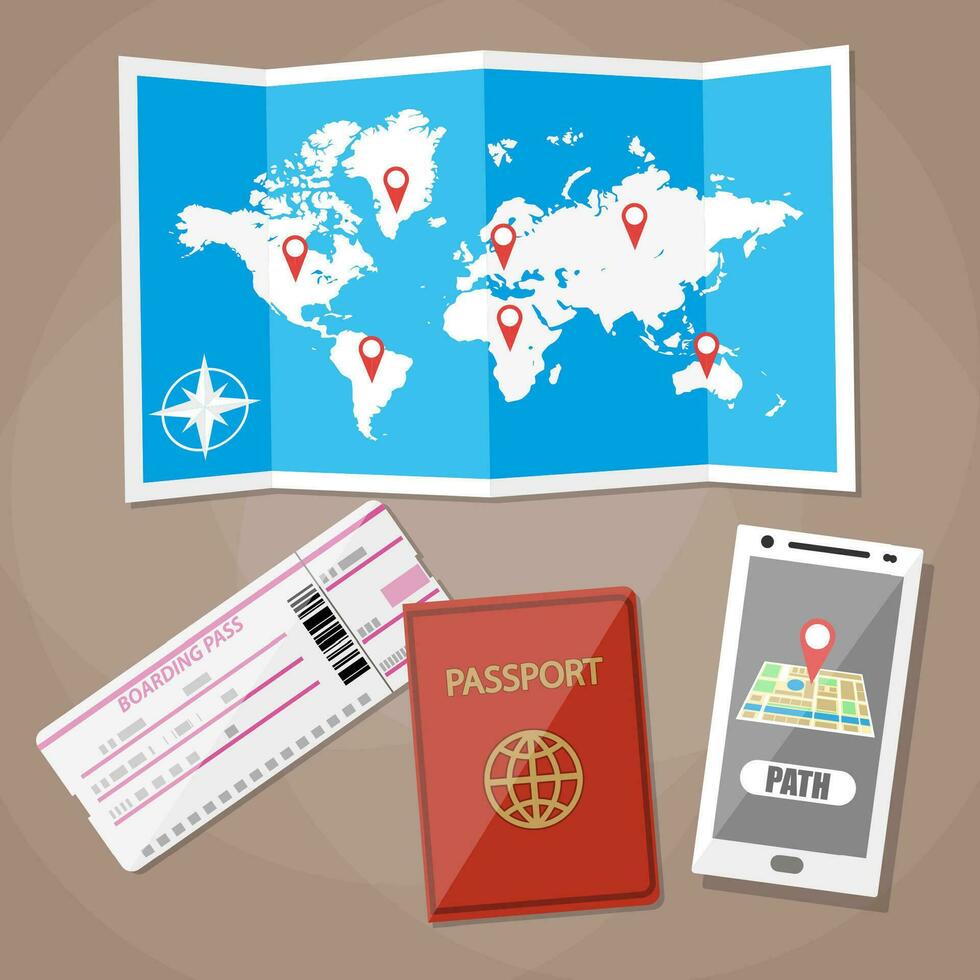 de viaje fondo, teléfono inteligente con navegación solicitud, avión boleto, pasaporte, papel mapa de mundo, viaje y vacaciones concepto. vector ilustración en plano diseño en marrón antecedentes