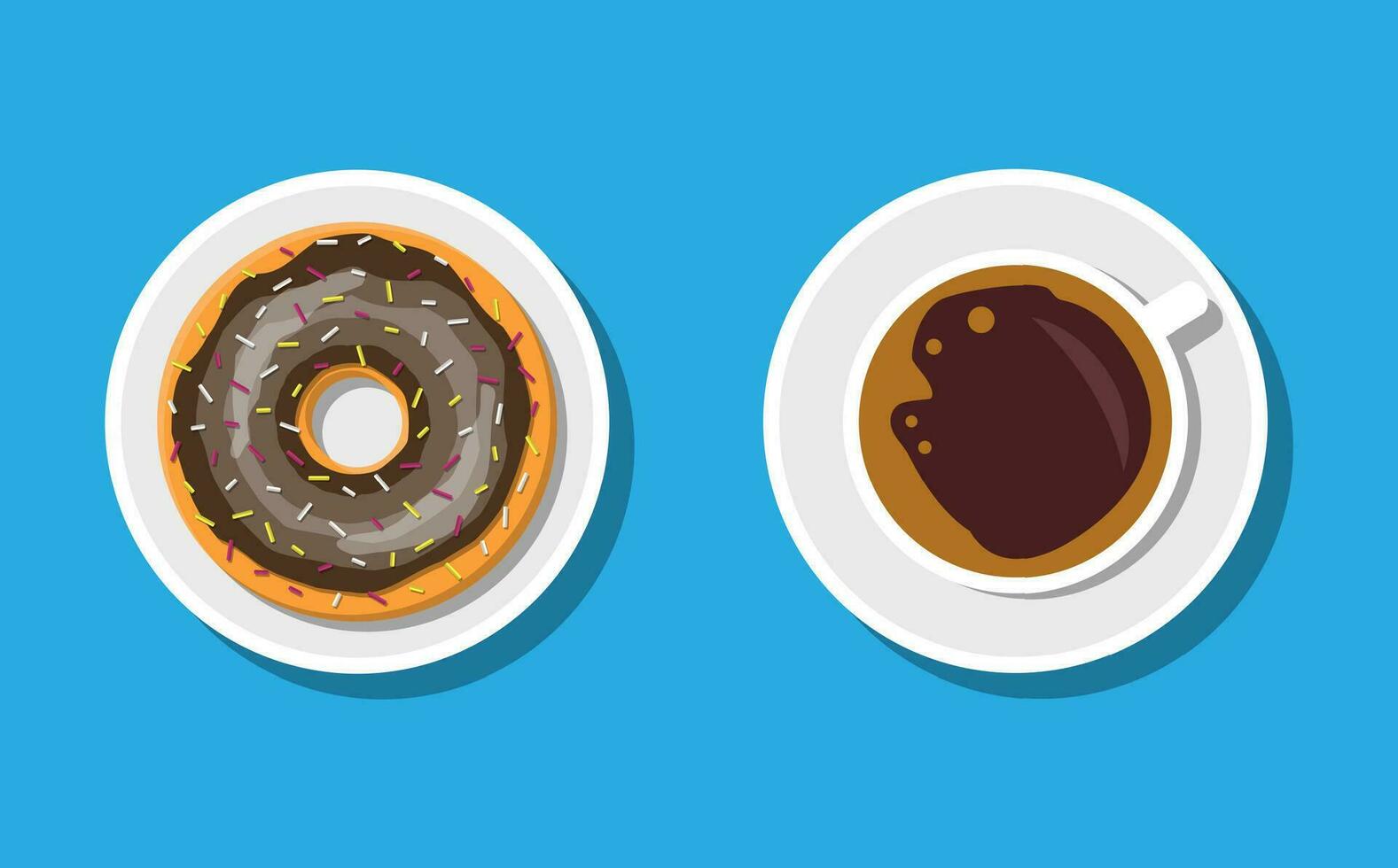 café taza y rosquillas con chocolate crema. café caliente beber. rosquilla dentro vidriar. concepto para cafetería, restaurante, menú, postres, panadería. desayuno parte superior vista. vector ilustración en plano estilo