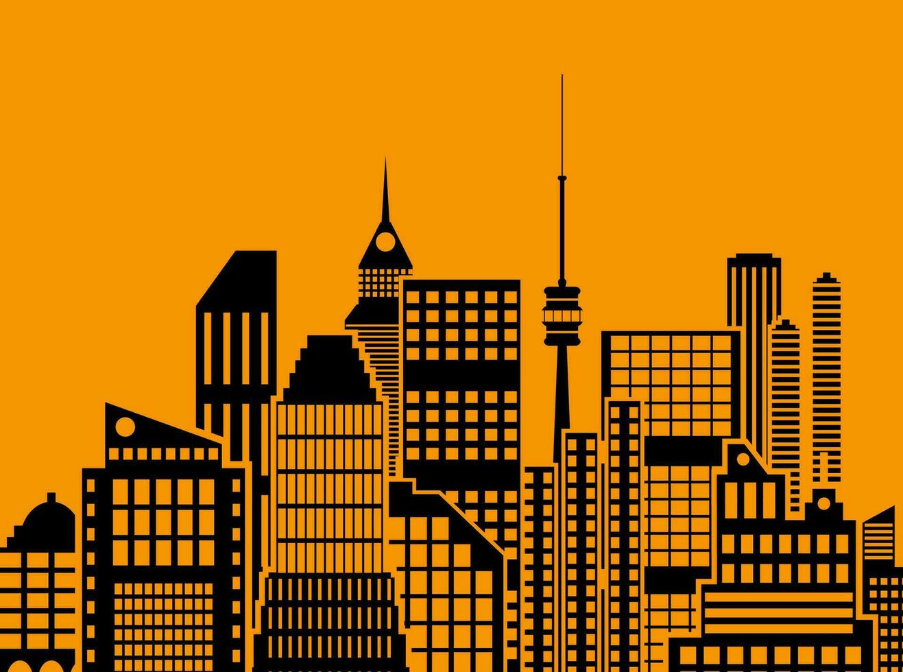 Modern City View. Cityscape with office and residental buildings, television tower, orange and black color. vector illustration in flat style