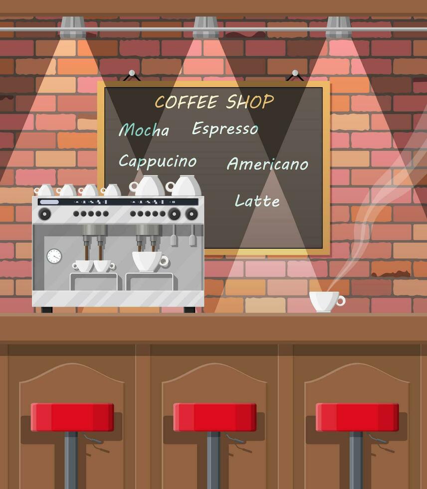 Interior of coffee shop, pub, cafe or bar. Bar counter, chairs and board with menu. Coffee cup with hot drink. Brick wall and lamp. Vector illustration in flat style.