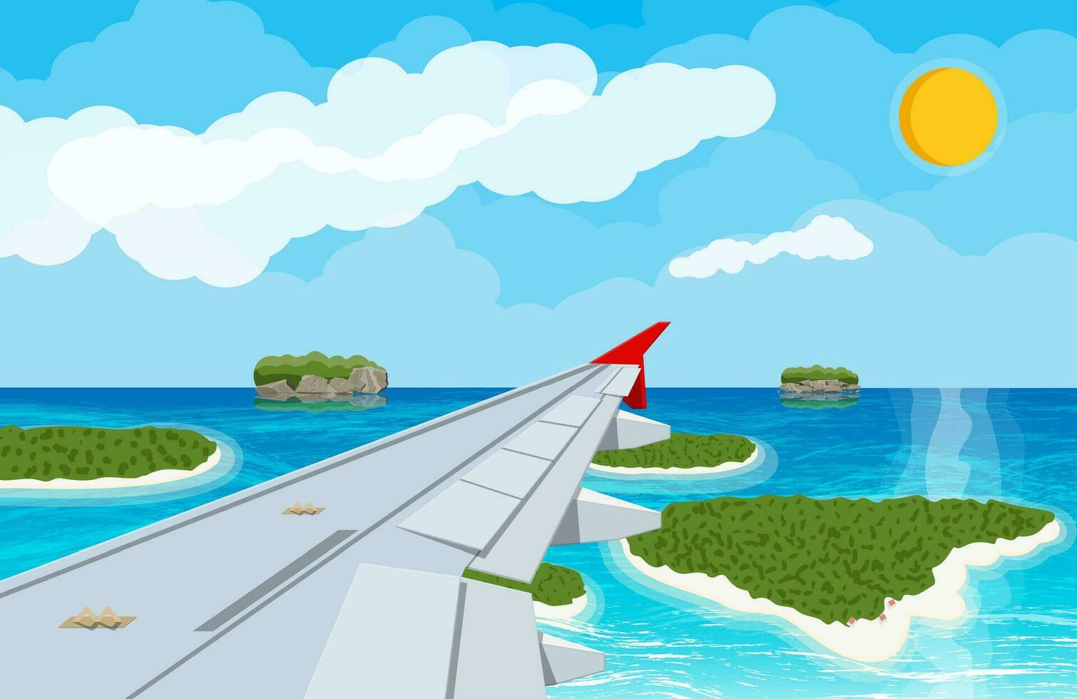 View of wing of aircraft in sky. Tropical islands with palm tree in ocean. Air journey or vacation concept. Sun and clouds. Vector illustration in flat style
