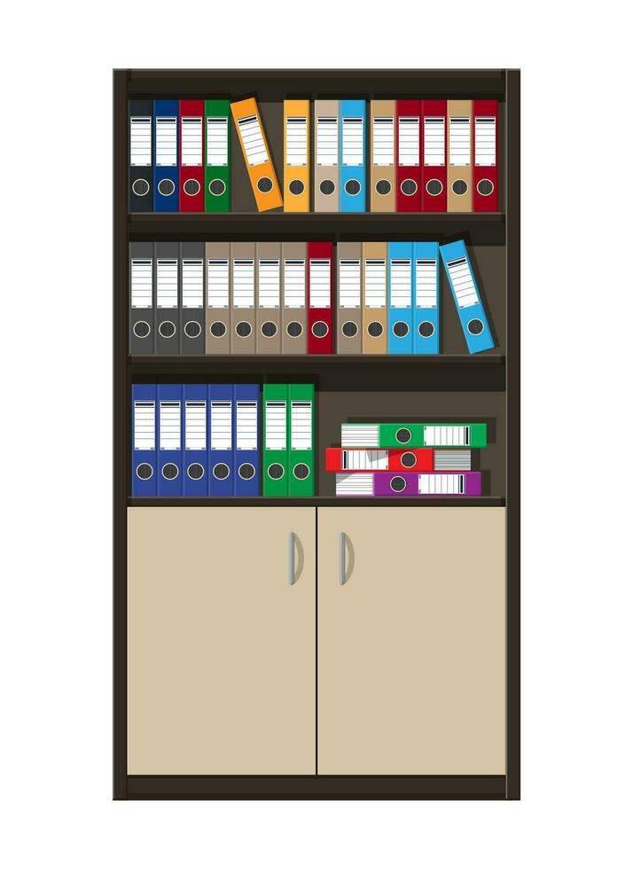 de madera gabinete y archivos, anillo carpetas, vistoso oficina carpetas habitación muebles, gabinete con puertas oficina interior. vector ilustración en plano estilo