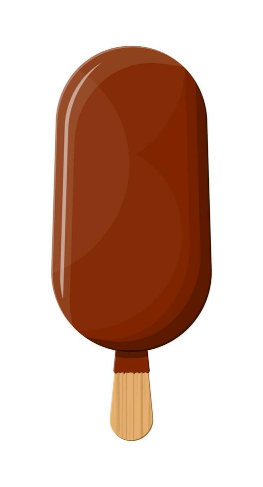 Ice cream on stick. Creamy eskimo in chocolate glaze. Fast food. Vector illustration in flat style