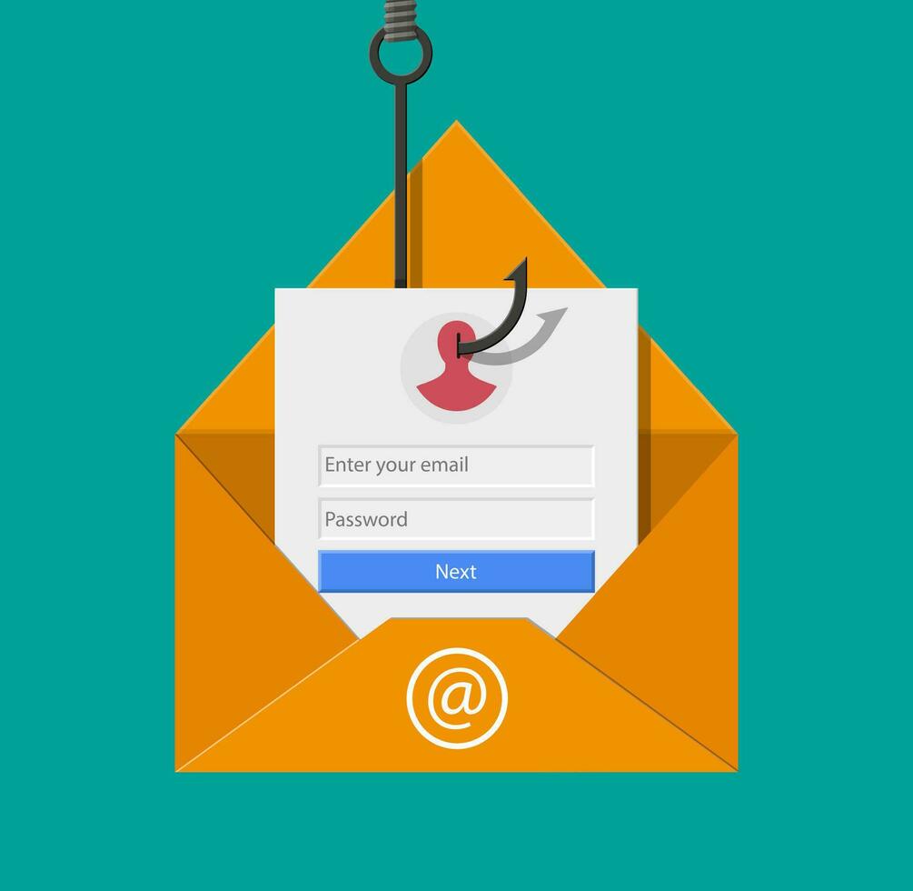 Login into account in email envelope and fishing hook. Internet phishing, hacked login and password. Netwrok and internet security. Anti virus, spyware, malware. Vector illustration in flat style