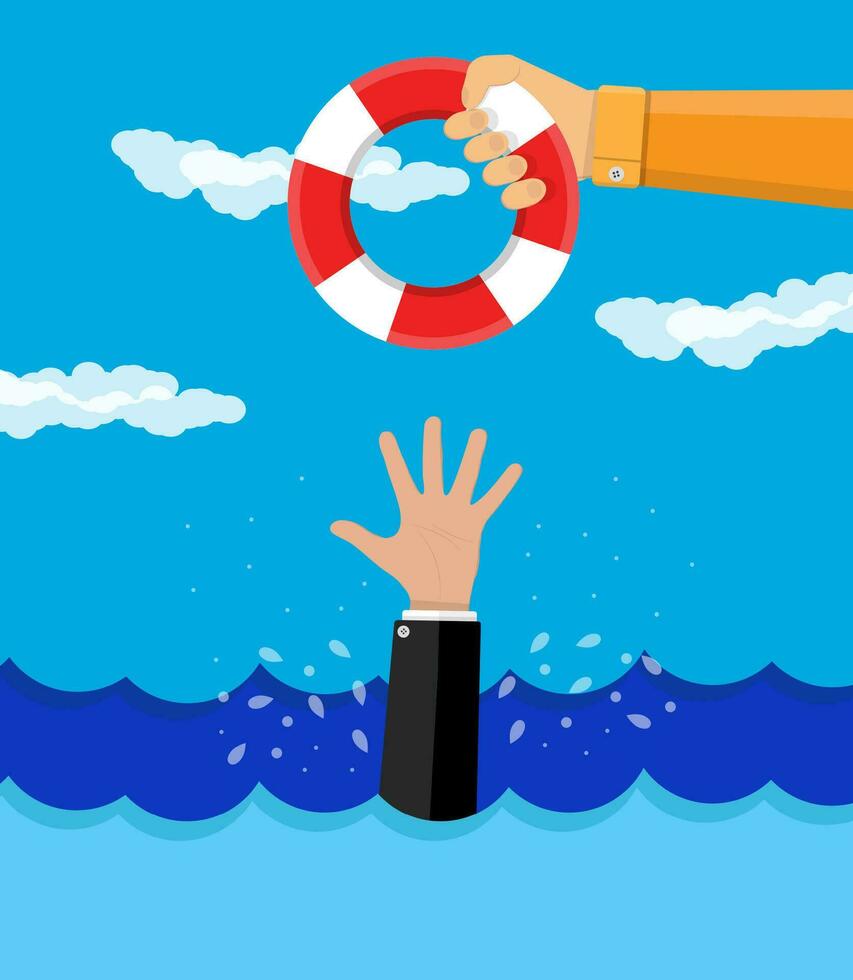 drowning businessman gets a lifebuoy. save business concept. vector illustration in flat style