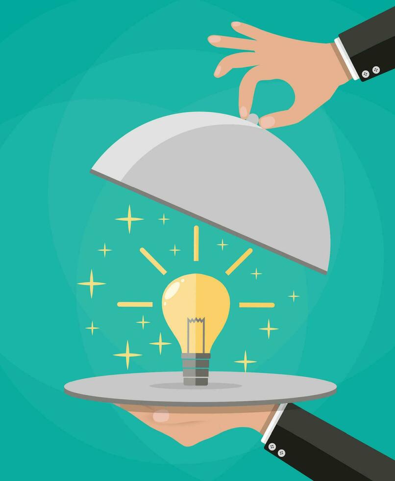 Hands holding silver platter cloche with yellow idea light bulb. Vector illustration in flat style