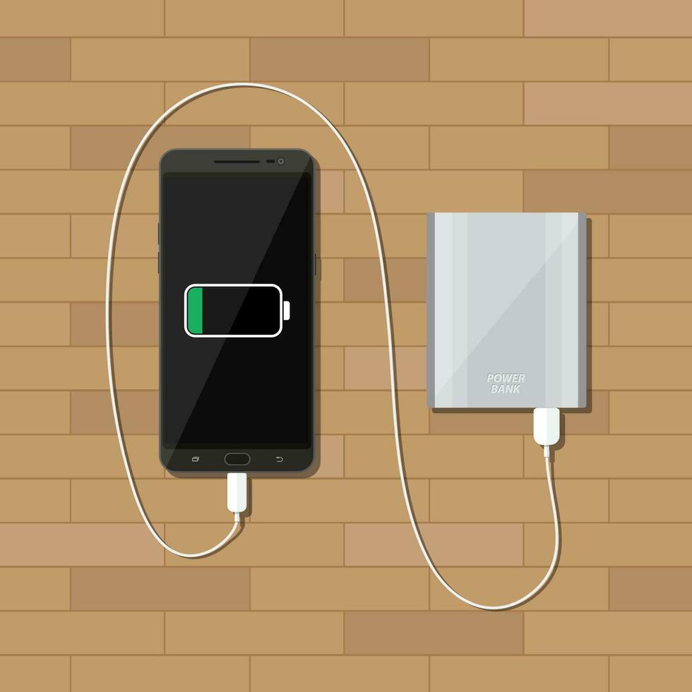 Silver powerbank charging a black smartphone on wooden desk. vector illustration in flat style