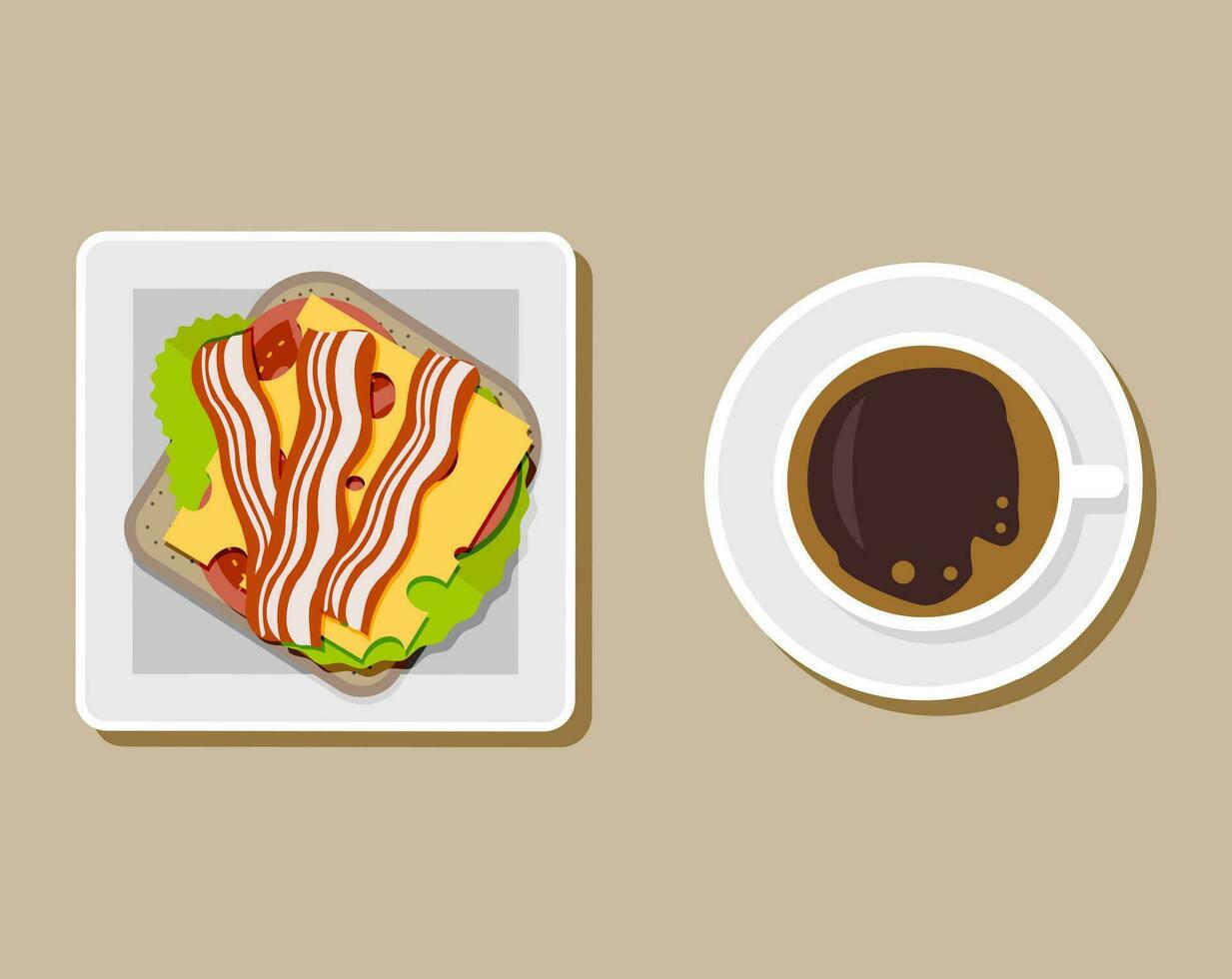 Coffee cup with sandwich top view, coffee break, breakfast meal, fast food snack, burger and tea mug on plate. cheese, tomato. bread, ham, salad. vector illustration in flat style on brown background