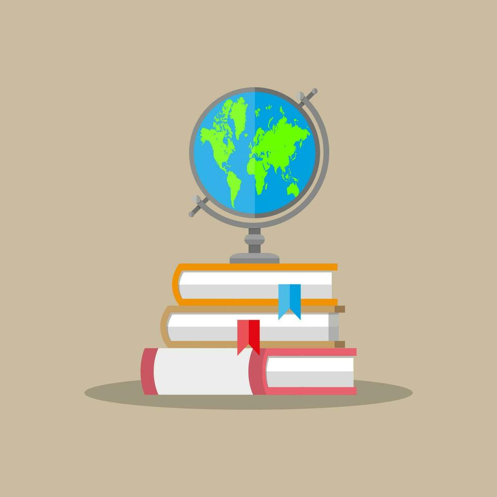 educación concepto. globo, pila de libros. vector ilustración en plano estilo en marrón antecedentes