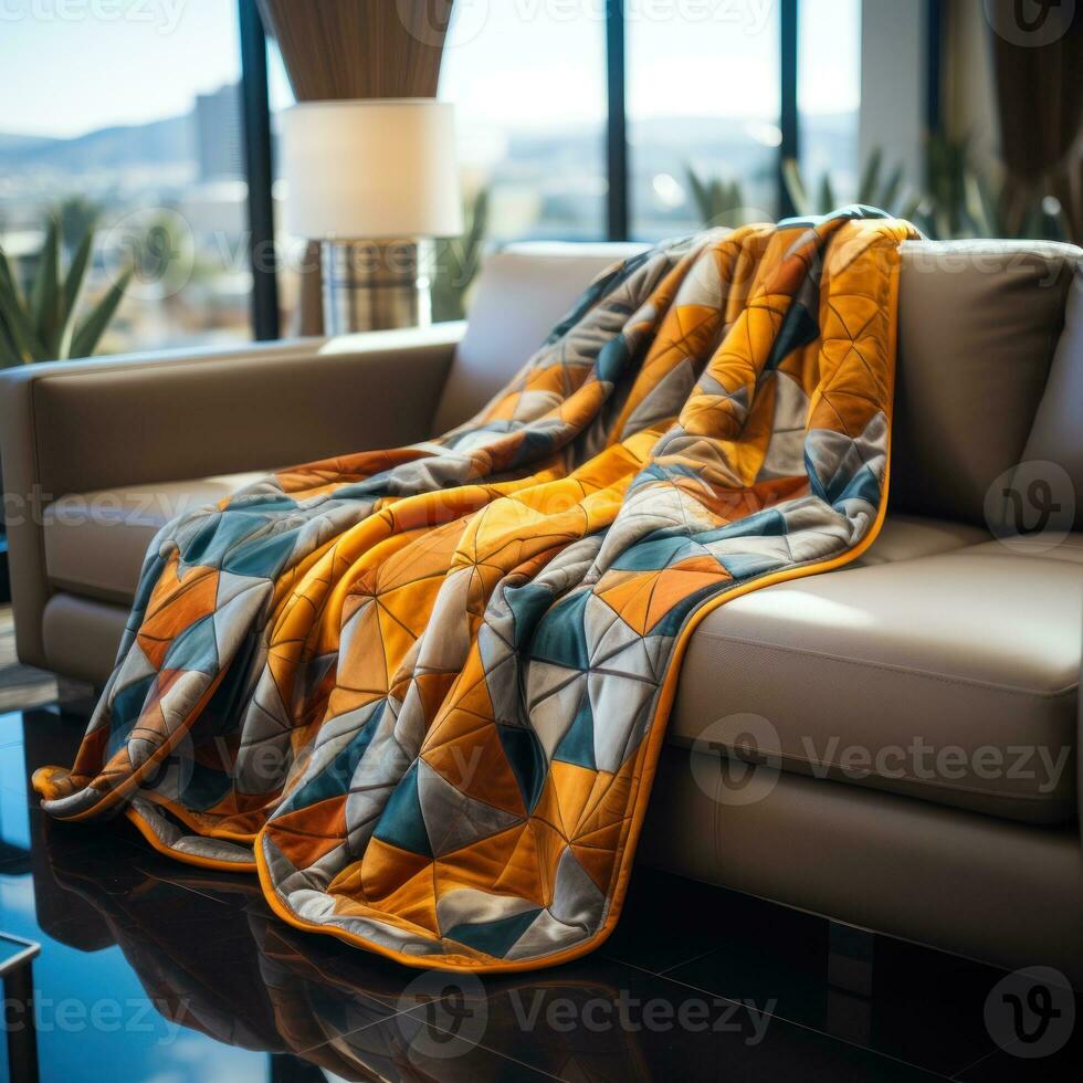 AI generated Blankets on mattresses, chairs and tables are in the interior concept house for hotels, resorts and luxury elegant housing, for rest, relaxing, sleeping photo