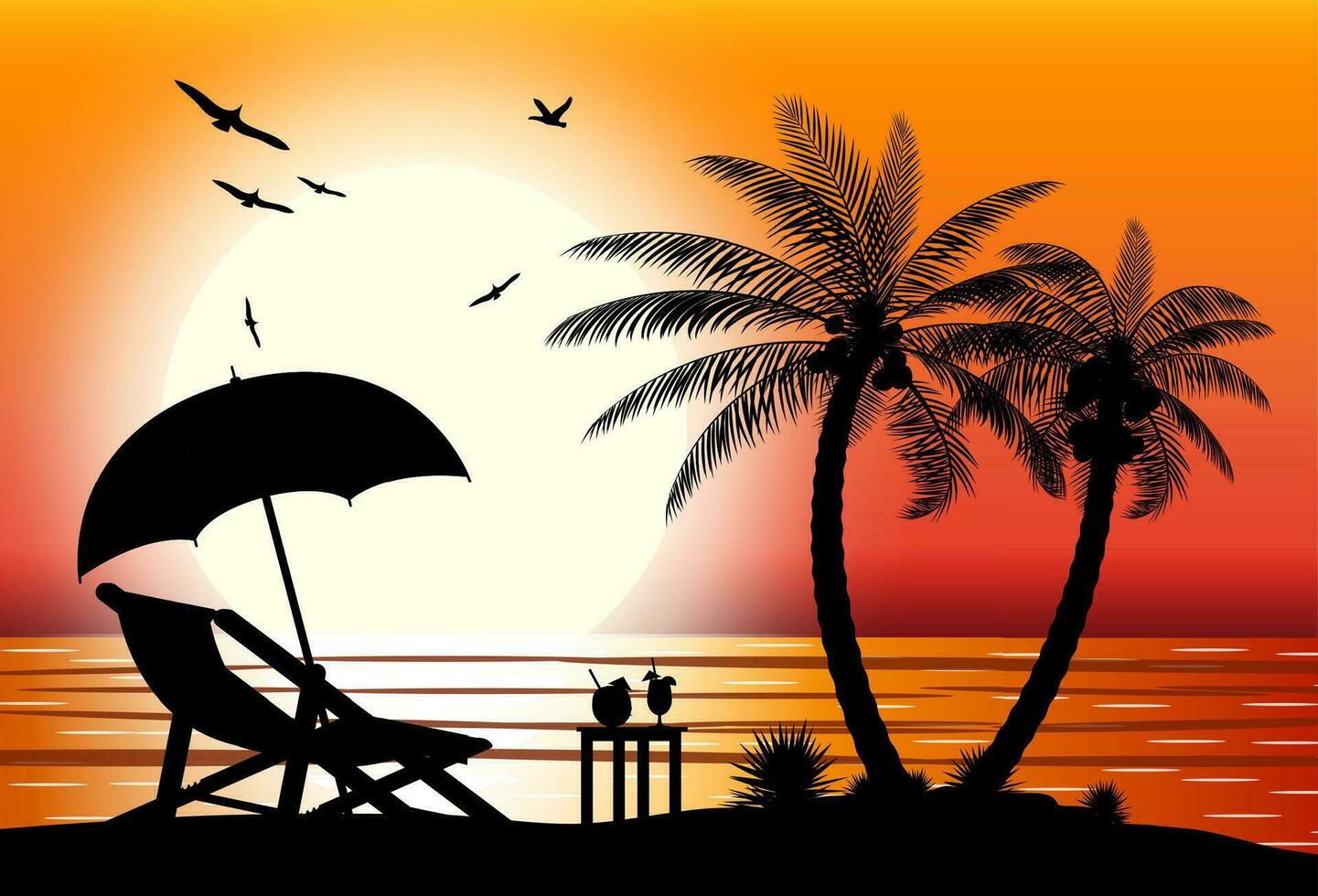 Silhouette of wooden chaise lounge, palm tree on beach. Umbrella and table with coconut and cocktail. Sea with sun. Sunset in tropical place. Vector illustration