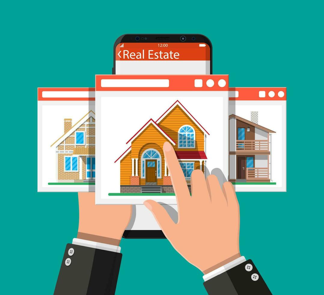 Mobile smart phone with rent and sell apartments app. Real estate, sale and rent house, mansion. Vector illustration in flat style