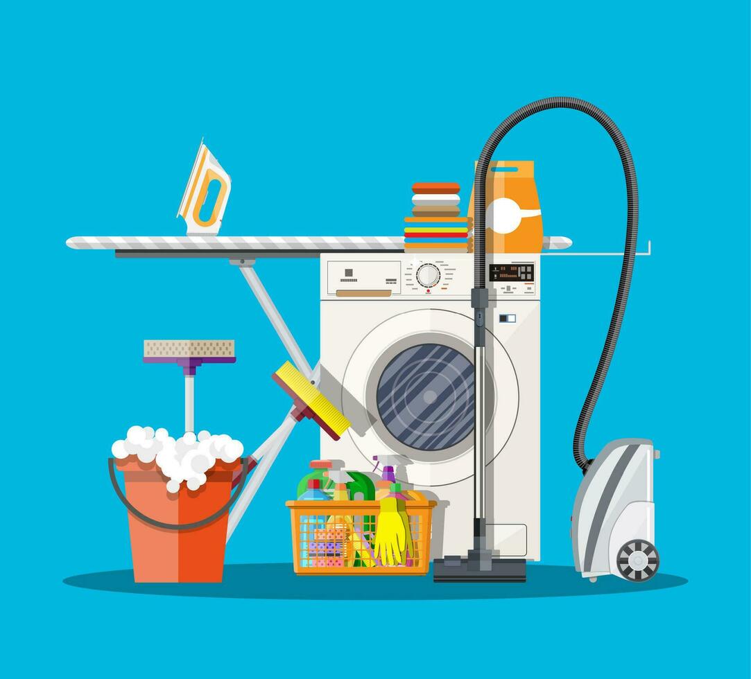 Laundry room with washing machine, ironing board, vacuum, mop, clothes rack, household chemistry cleaning, washing powder and basket. vector illustration in flat style