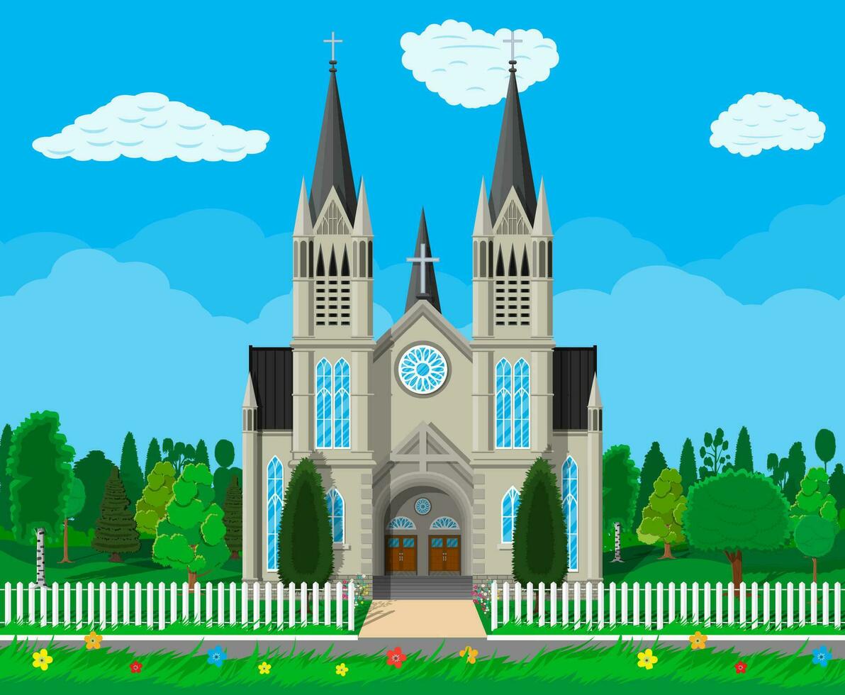 Exterior of catholic or protestant church cathedral in gothic style with fence and trees behind. Chapel. Tower with cross. Vector illustration in flat style