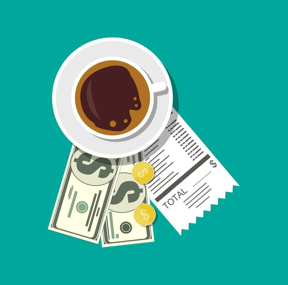 Cup with coffee, cash and coins, cashier check. Thanks for the service in the restaurant. Money for servicing. Good feedback about the waiter. Gratuity concept. Vector illustration in flat style