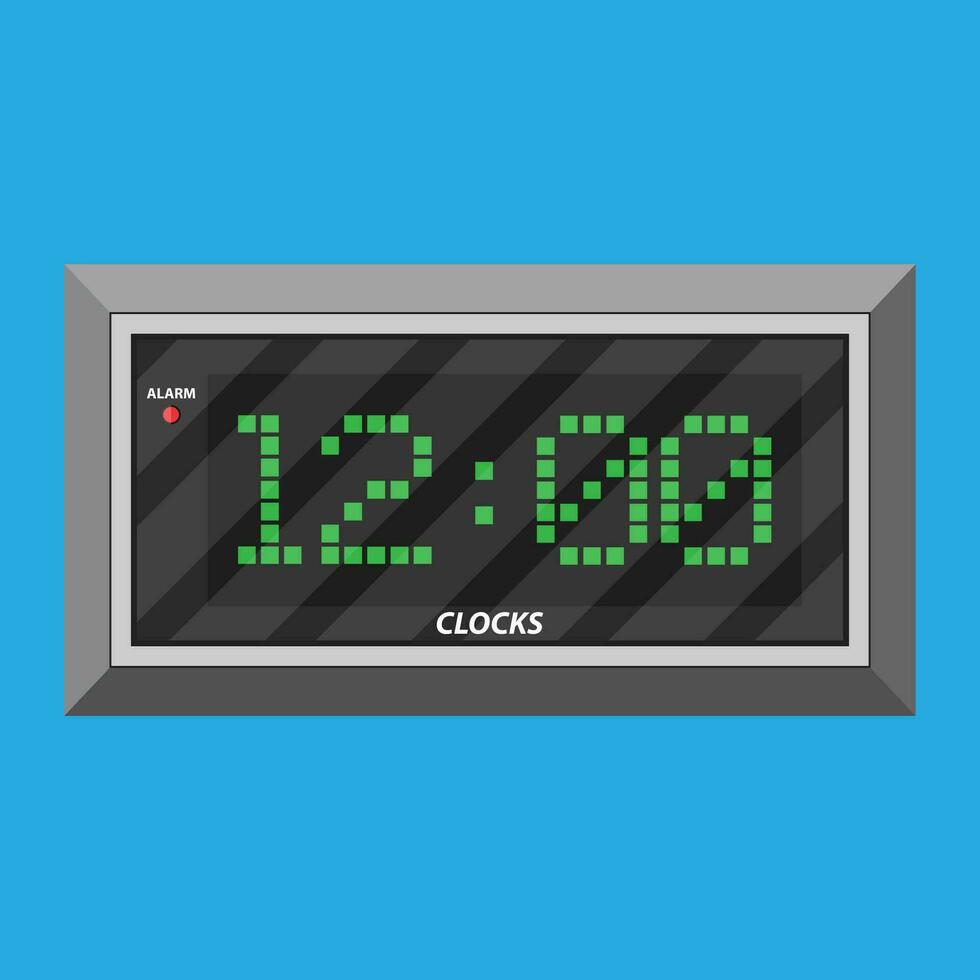Modern digital clock with green digits. vector illustration in flat style on blue background
